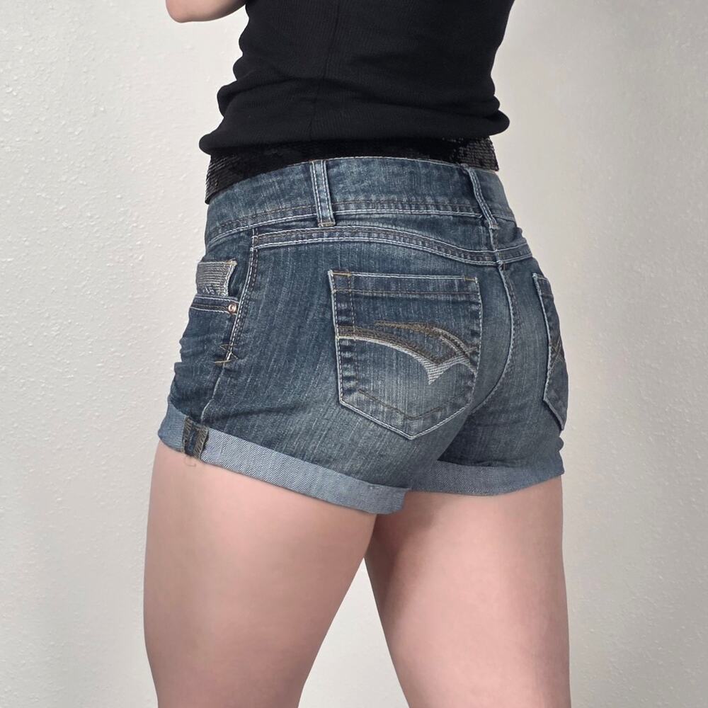Low Rise Denim Micro Shorts Dark Wash Cuffed SO Size 5 Y2K Bell Elena